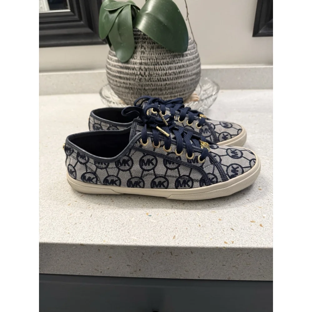 Michael Kors Women Sneakers Blue/Tan Monogram Logo Size 8